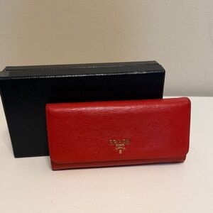 Prada Red Saffiano Leather Long Wallet-Gold Logo-Box & Dust Bag